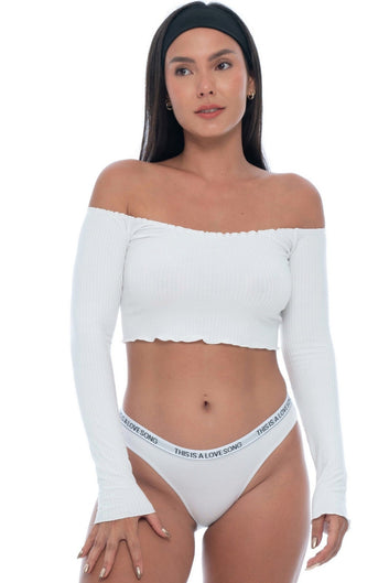 Dua Off-Shoulder Long Sleeve Crop Top White